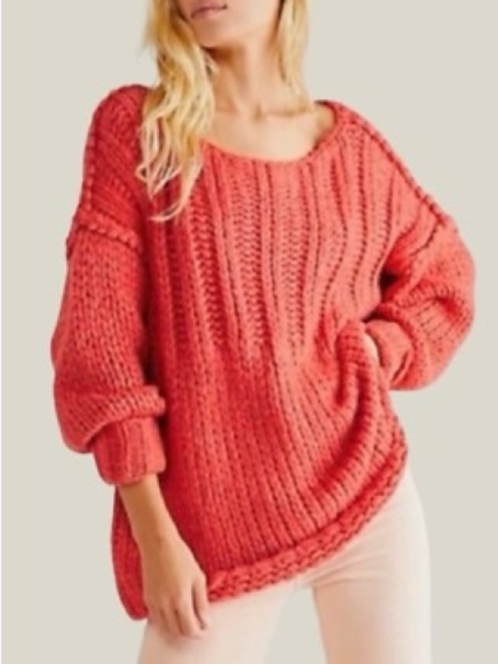 New Free People Be There Chunky Knit Oversized Tunic Sweater Medium Coral Boho